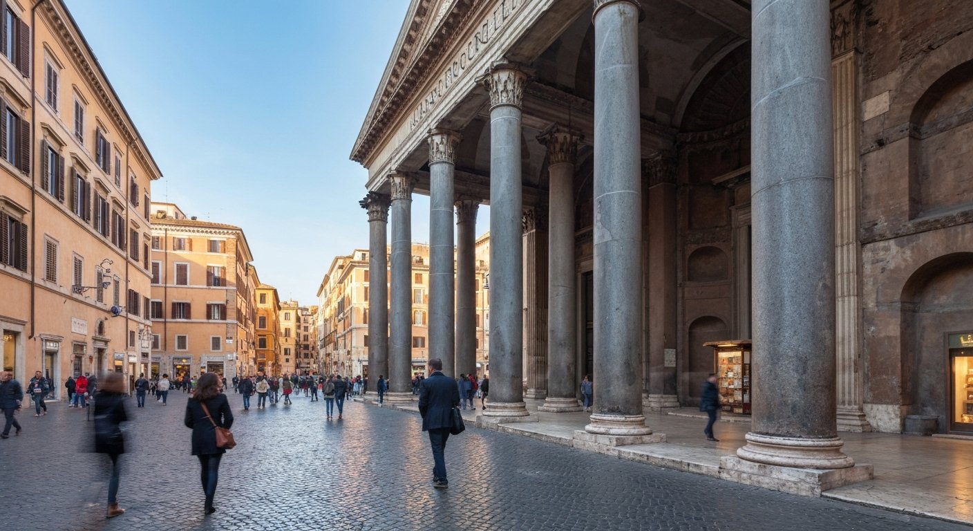the Pantheon’s portico and Piazza della Rotonda at early morning, soft light on the travertine columns before the crowds arrive