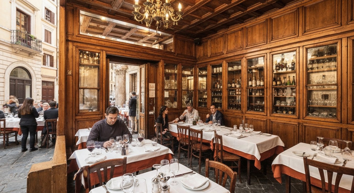 the compact wood-panelled dining room at Armando al Pantheon, closely set tables and Roman lunch service in warm afternoon light