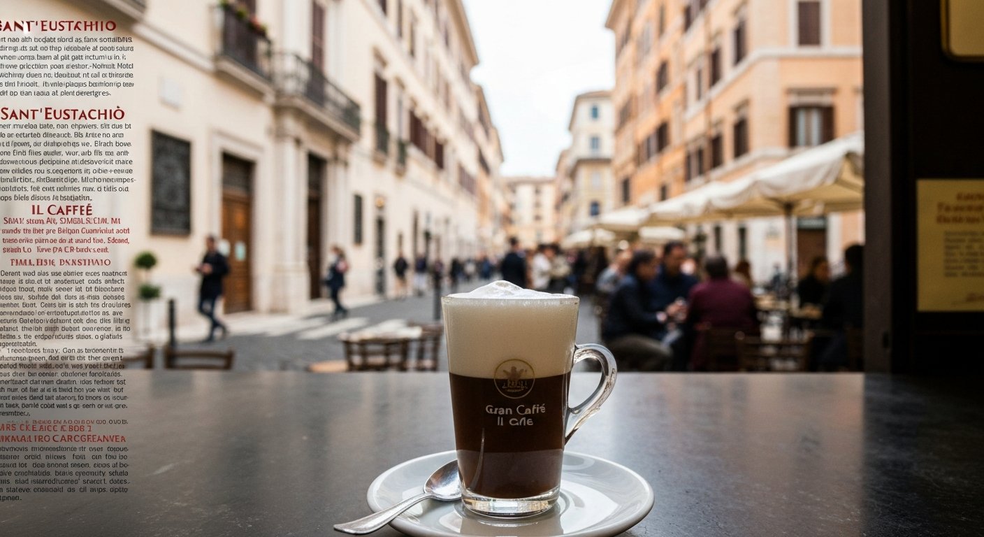 a frothy Gran Caffè at Sant’Eustachio Il Caffè, served at the counter with the café’s busy 1938 espresso-bar atmosphere