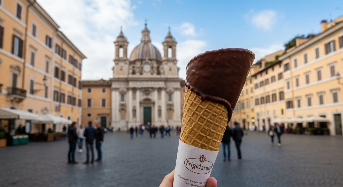 a cone from Frigidarium near Piazza Navona, dipped in a glossy hard chocolate shell with the square blurred behind