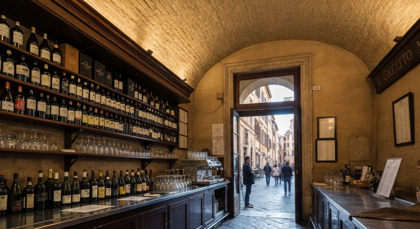 the vaulted interior of Il Goccetto on Via dei Banchi Vecchi, rows of bottles and a few glasses on the bar with evening light at the doorway