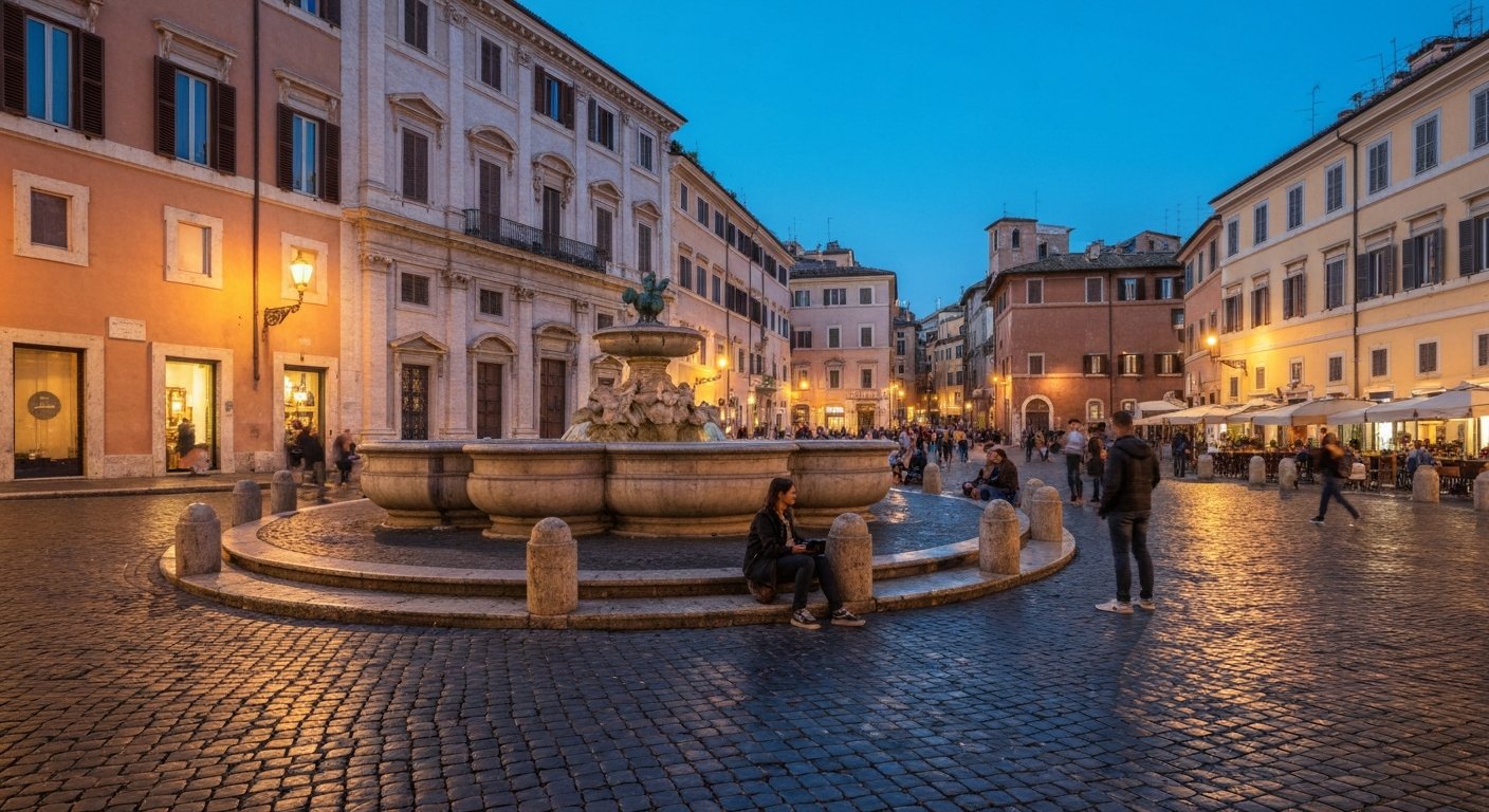 Piazza della Madonna dei Monti at dusk, the Renaissance fountain ringed by people on the steps, warm light from bars spilling onto the cobbles