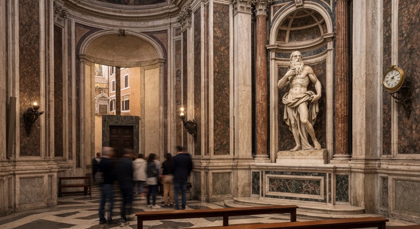 Michelangelo’s Moses inside San Pietro in Vincoli, the marble figure lit by a coin-operated light in a quiet side chapel