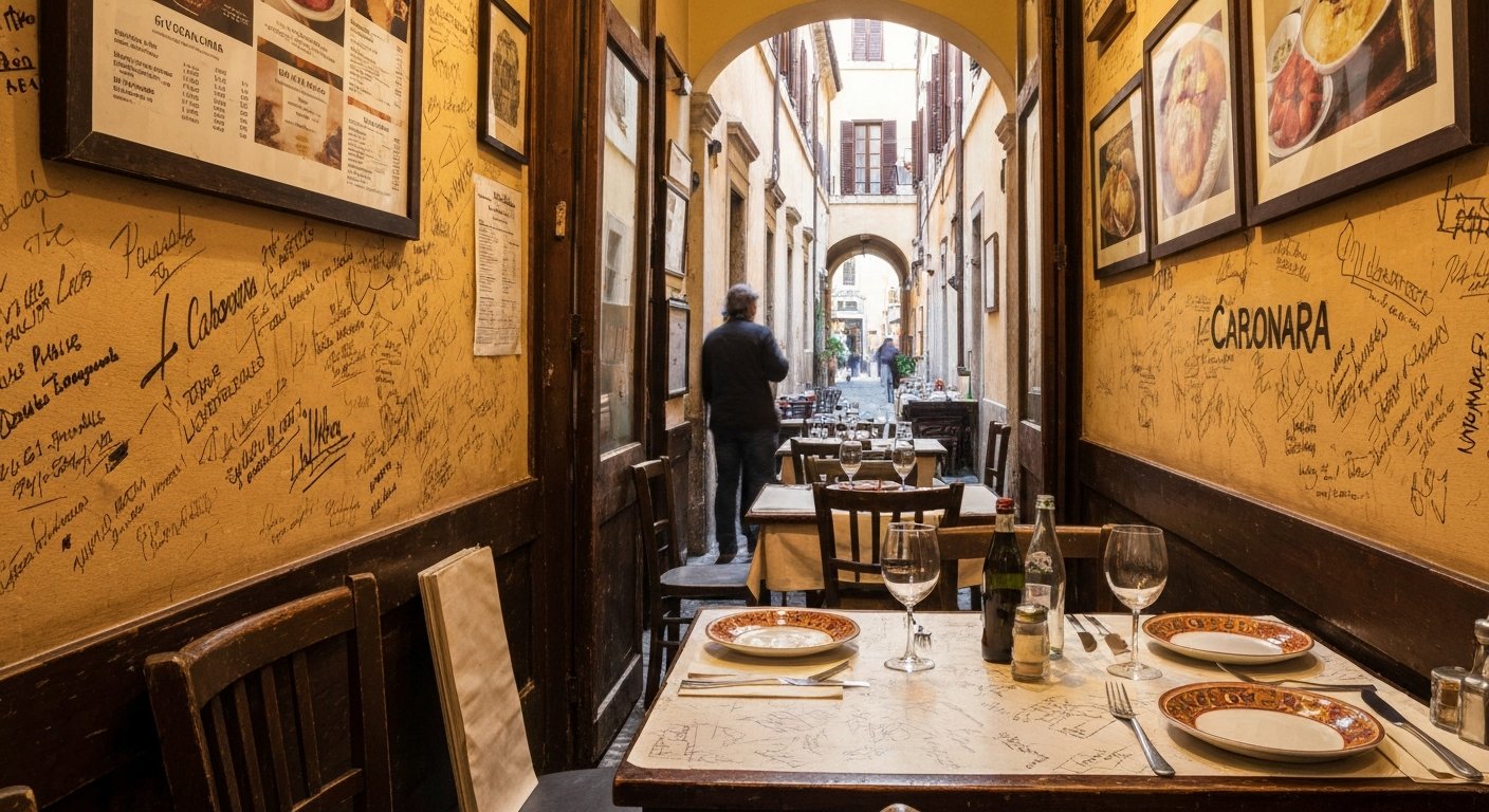 the narrow, signature-covered dining room at La Carbonara on Via Panisperna, close-set tables and Roman plates on a well-worn osteria table