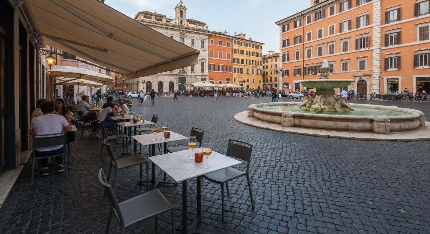 La Bottega del Caffè’s terrace on Piazza della Madonna dei Monti, shaded seating facing the fountain with evening spritz glasses on small tables