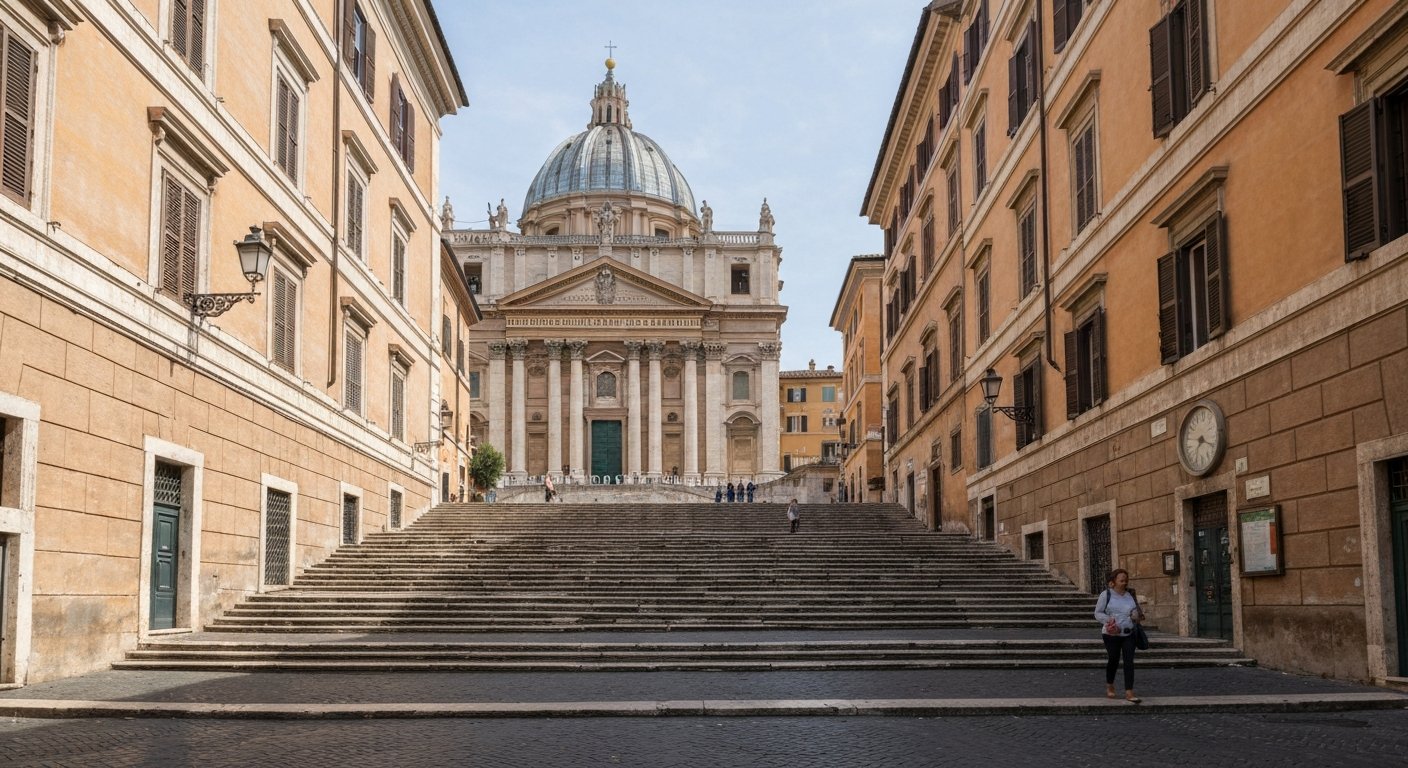 the staircase off Via Cavour leading up to San Pietro in Vincoli, stone steps, basilica facade and a quiet midday Roman street