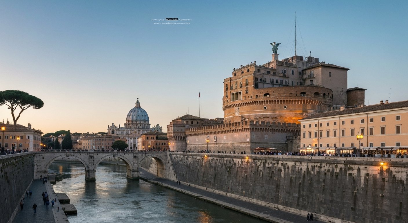 Castel Sant'Angelo seen from the Tiber side at late afternoon, its stone bulk and rooftop terrace catching the light with St Peter's dome in the distance