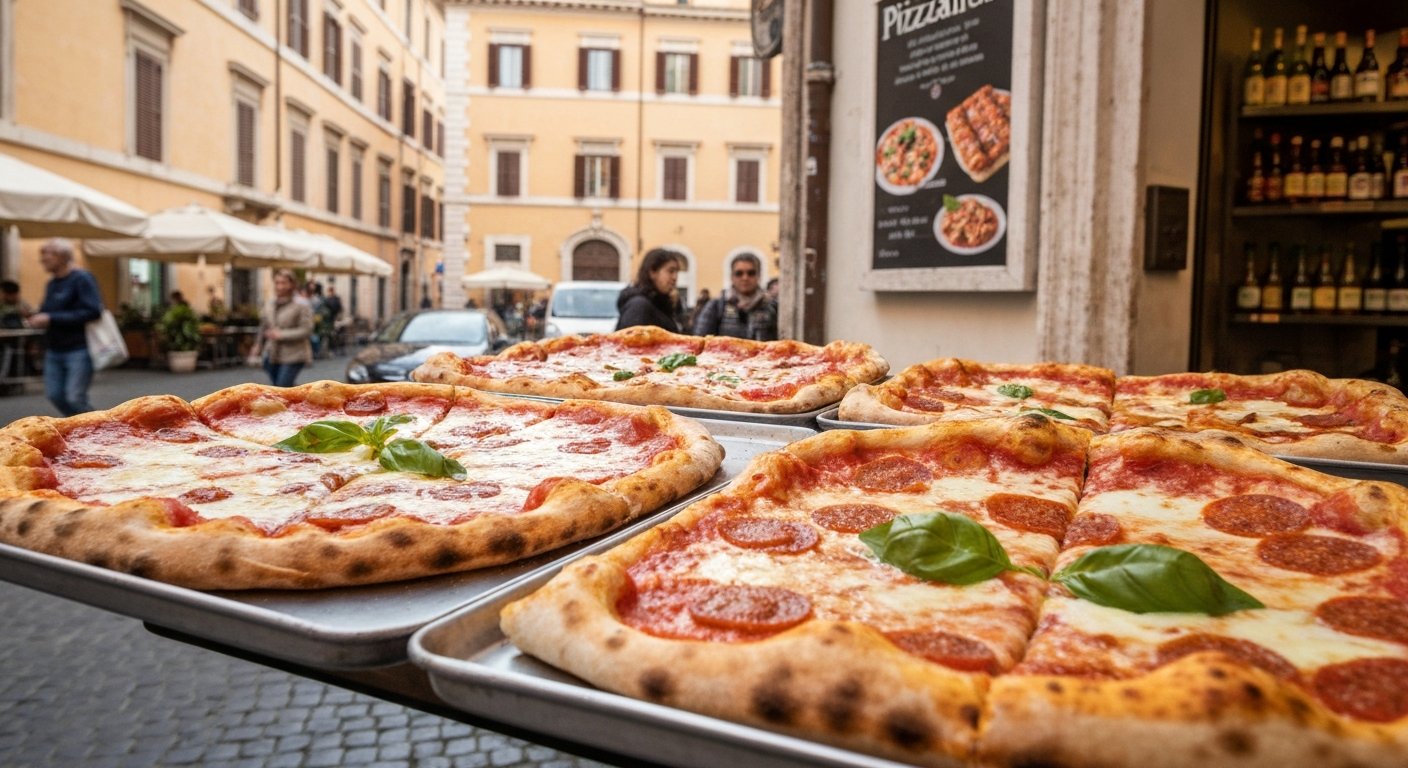 a tray of Bonci-style pizza al taglio at Pizzarium, thick seasonal slices cut by weight under the counter lights near Cipro metro