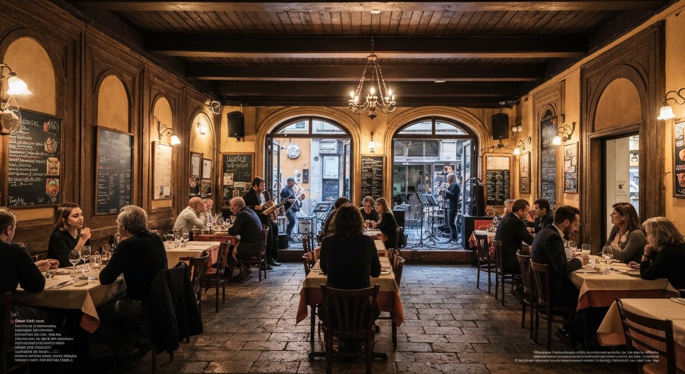 the dim, intimate room inside Alexanderplatz on Via Ostia, low stage lighting, tables close together and a live jazz set underway