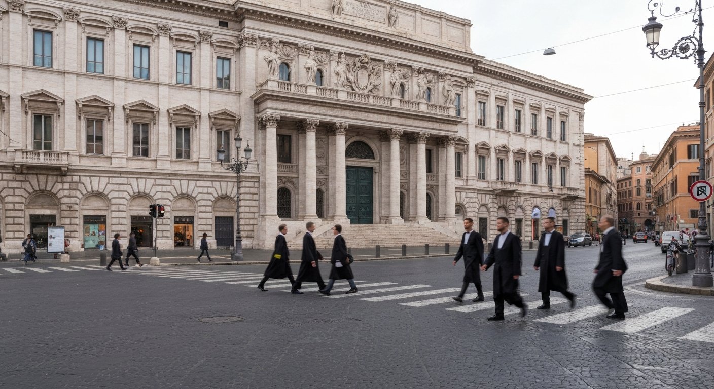 the vast travertine façade of Palazzo di Giustizia at Piazza Cavour, photographed from street level with bronze details and lawyers crossing in the foreground