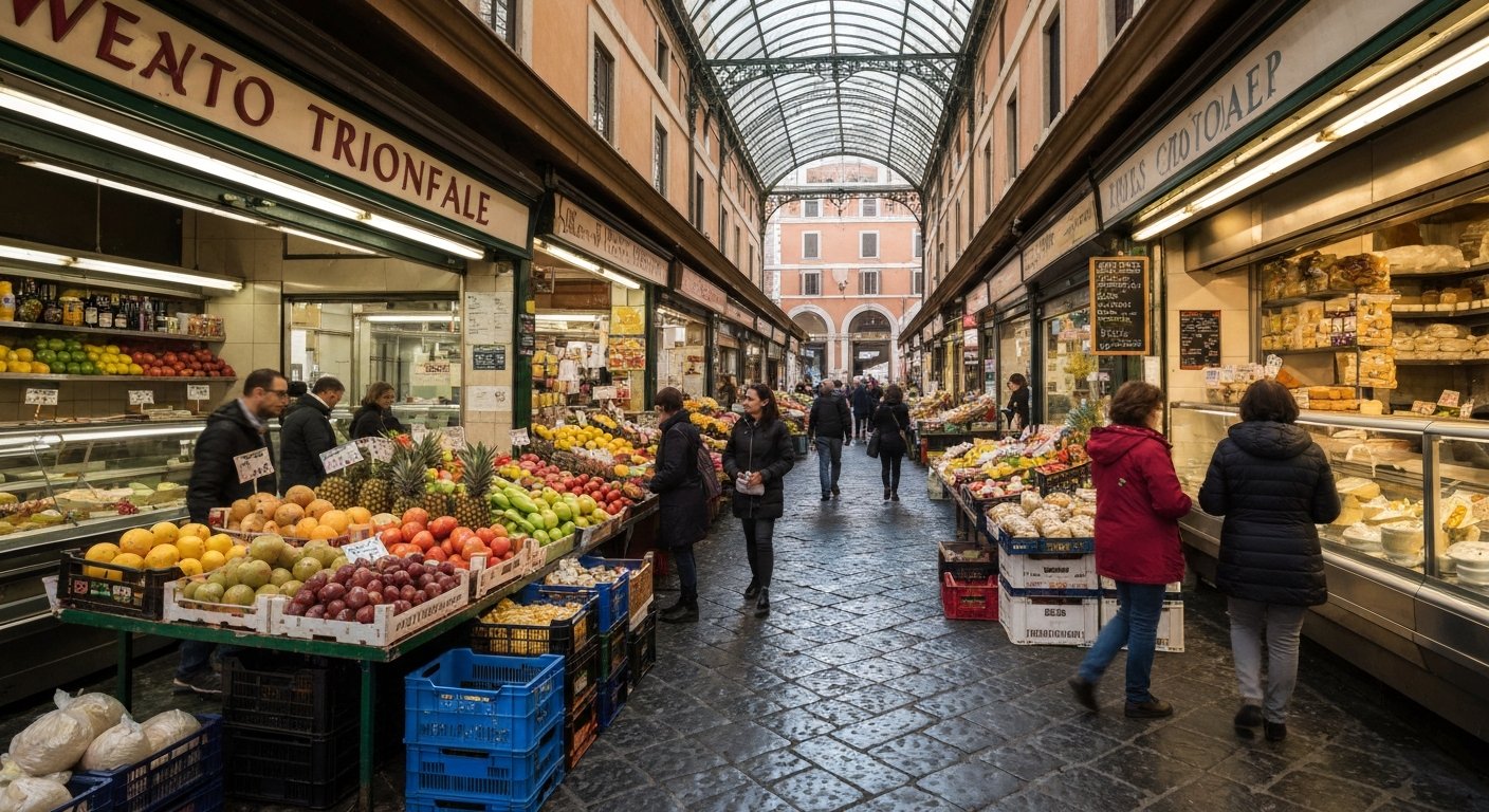the bustling covered aisles of Mercato Trionfale in the morning, stalls of fruit, cheese and fresh pasta under fluorescent light with shoppers moving through