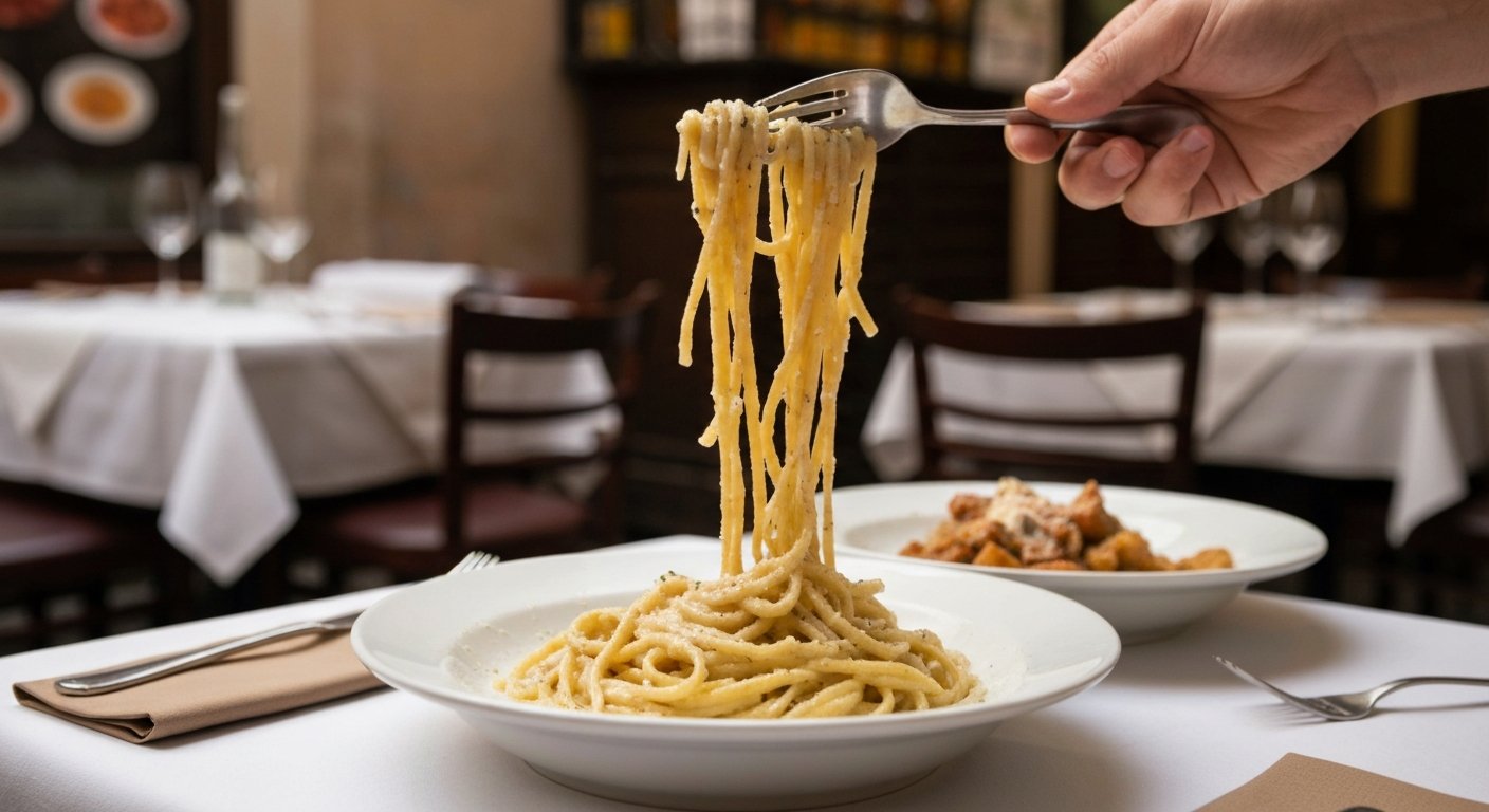 a table at Felice a Testaccio on Via Mastro Giorgio, with tonnarelli cacio e pepe being tossed tableside under warm restaurant light