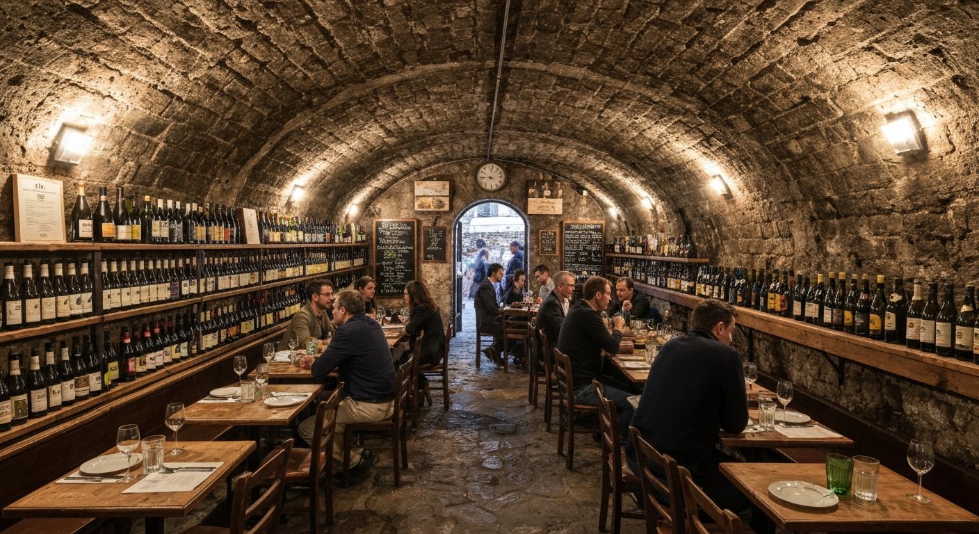 the cellar interior of L’Oasi della Birra on Piazza Testaccio, with rows of bottles, aperitivo plates and a low vaulted room full of locals