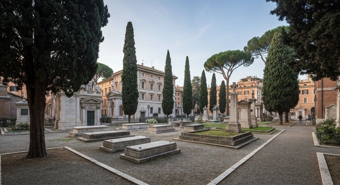 the Non-Catholic Cemetery in soft morning light, cypress trees, stone paths and Keats’s grave under a quiet Roman sky