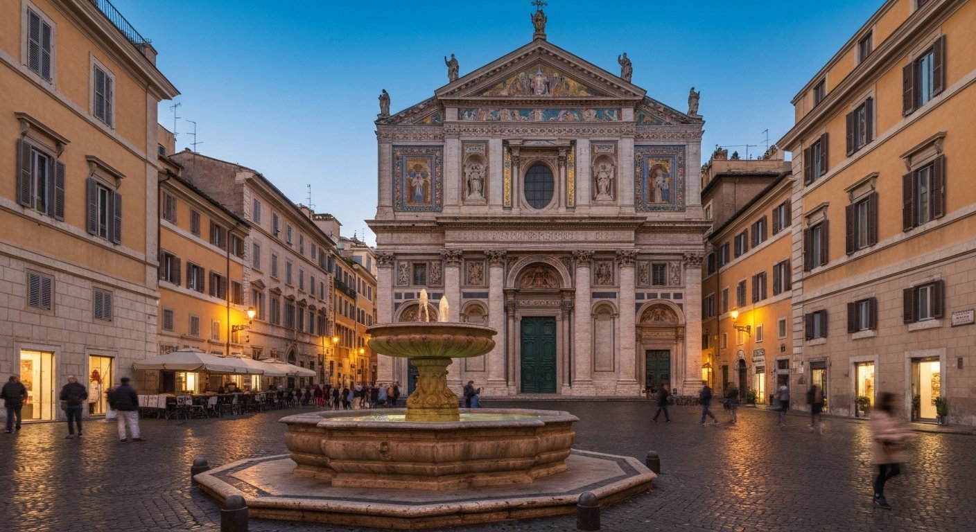 Piazza di Santa Maria in Trastevere at late afternoon, the octagonal fountain in the foreground and the glittering facade mosaics of the basilica catching warm light