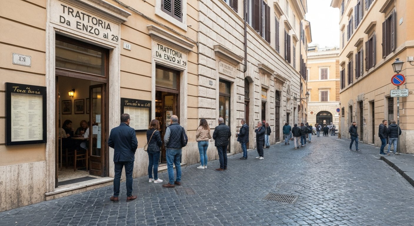 the narrow frontage of Trattoria da Enzo al 29 on Via dei Vascellari, with a queue forming along the lane before opening time