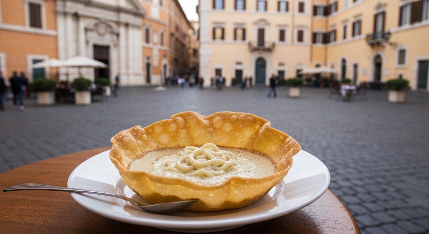 a plate of cacio e pepe served in a crisp pecorino basket at Roma Sparita on Piazza di Santa Cecilia, with the quiet square blurred behind it
