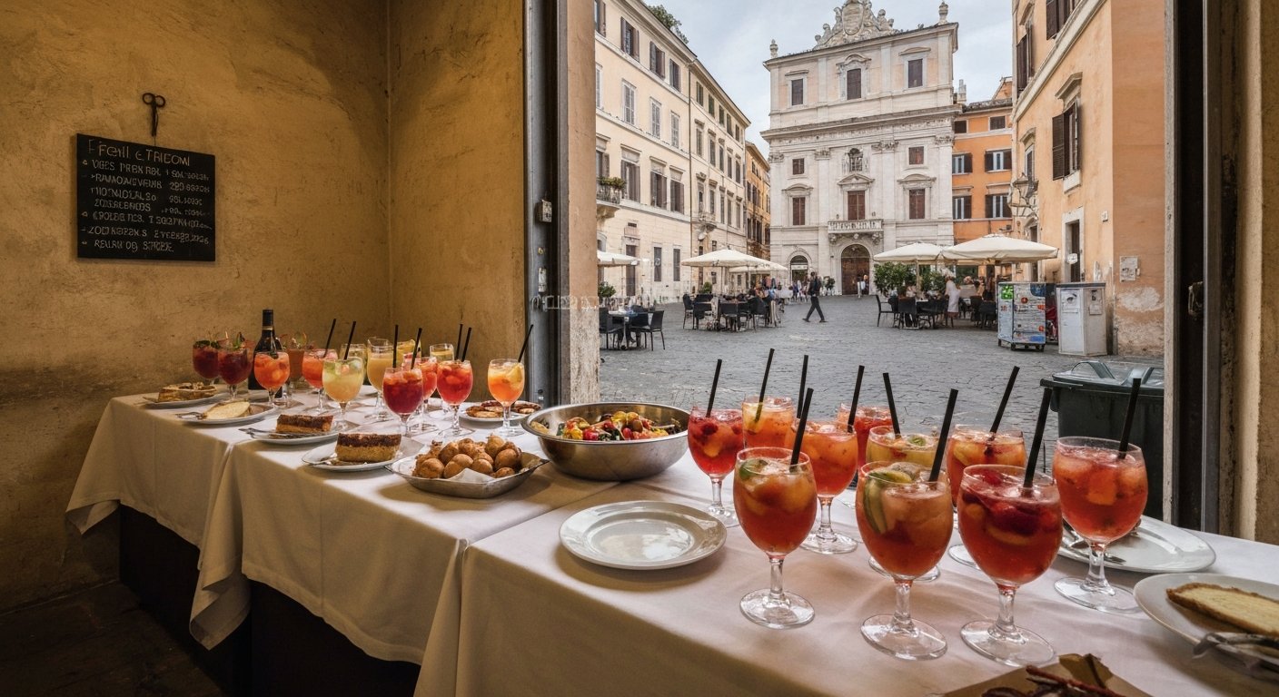 the aperitivo spread at Freni e Frizioni, with cocktails and buffet plates in the former garage space above Piazza Trilussa at early evening