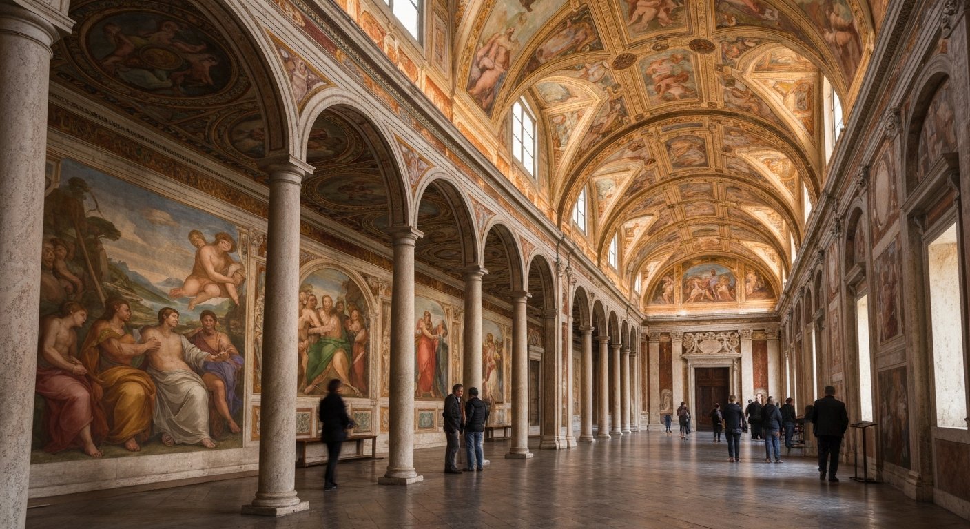 the frescoed Loggia of Cupid and Psyche inside Villa Farnesina, with Raphael’s Renaissance ceiling details and painted figures in warm interior light